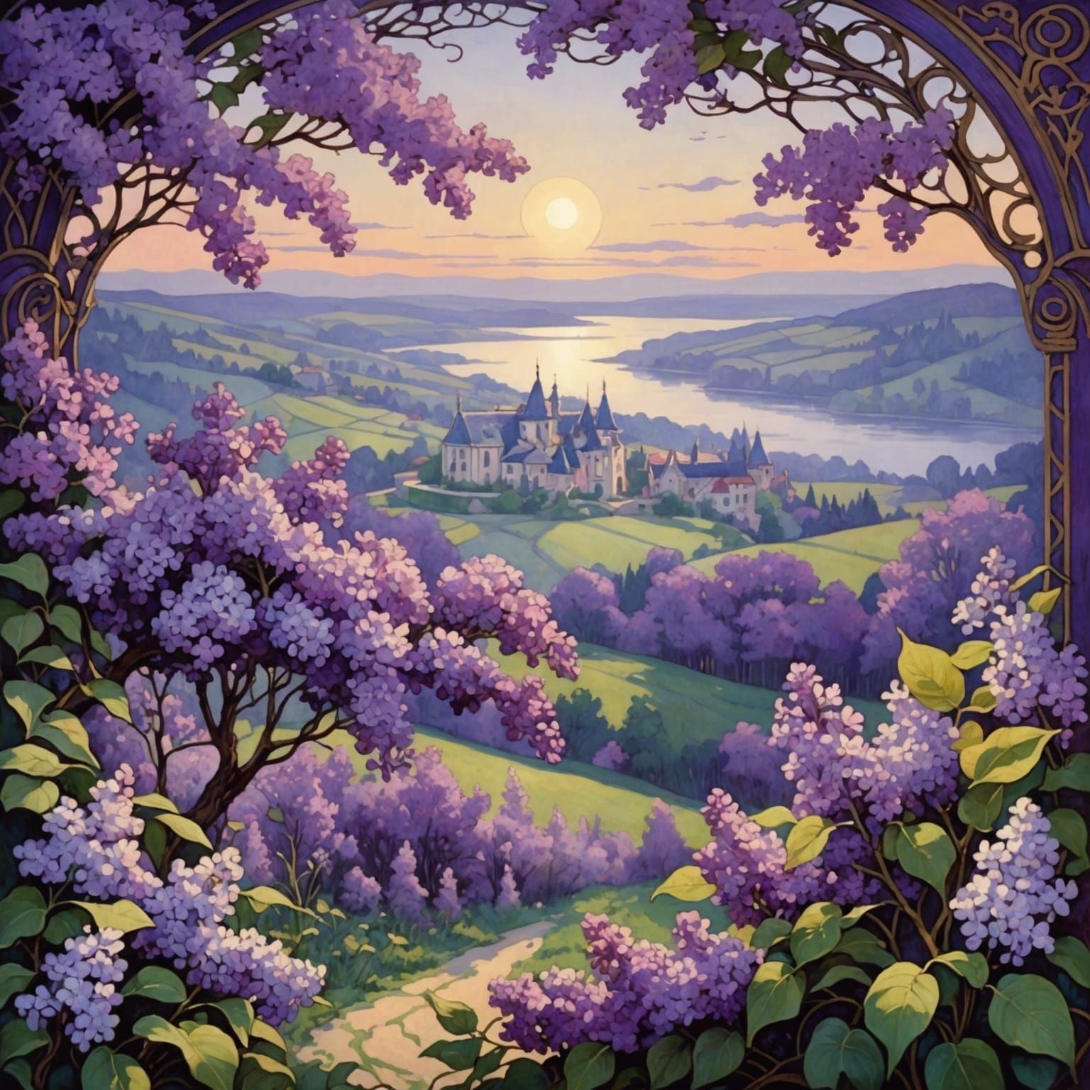 Art Nouveau Landscape with Lilac Branches
