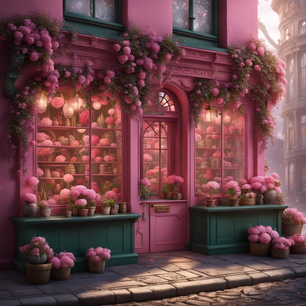 Blooming Pink Flower Shop: Fantasy Concept Art