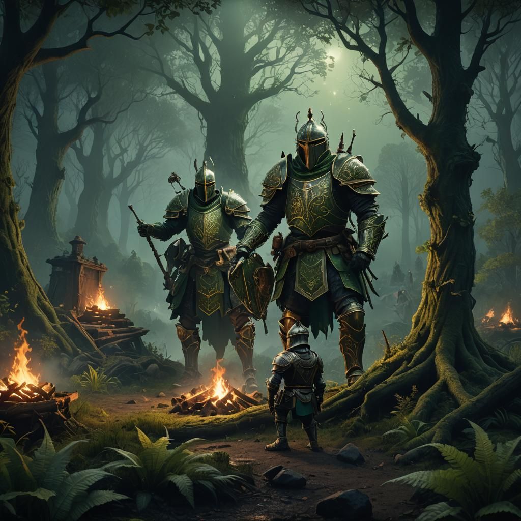 Ornate Knights Camping in Eerie Green Forest