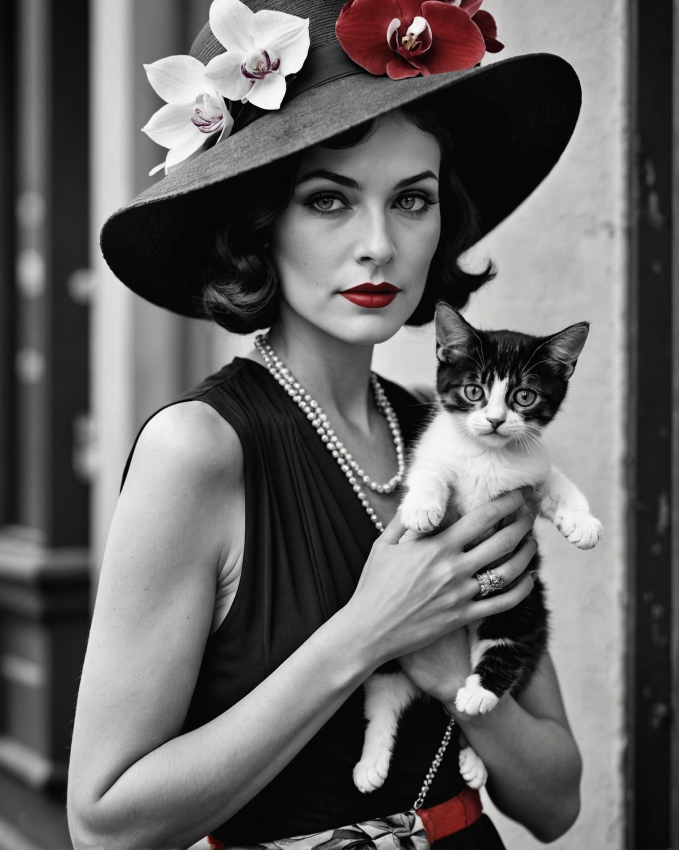 Fashionable Flapper with Kitten in Red Coloursplash