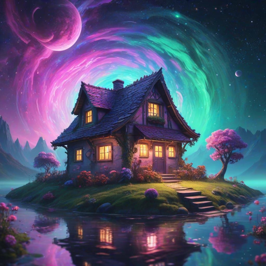 Surreal Cottage in Vibrant Cosmic Wonderland