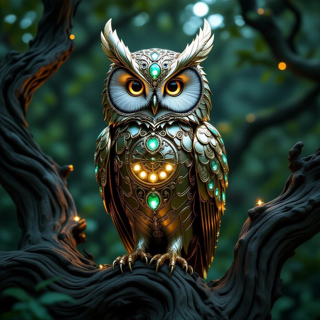 Celestial Clockwork Owl in Bioluminescent Forest