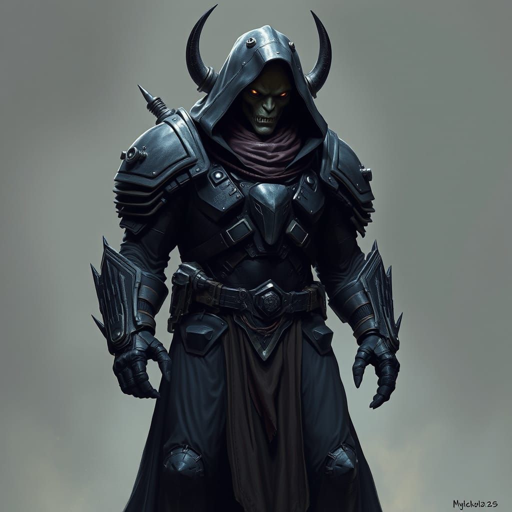 Cyberpunk Warlord with Dark Combat Armor and Hooded Tunic