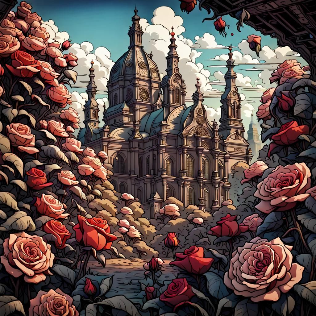 Dresden Surrounded by Roses and Jungle, Detailed Matte Paint...