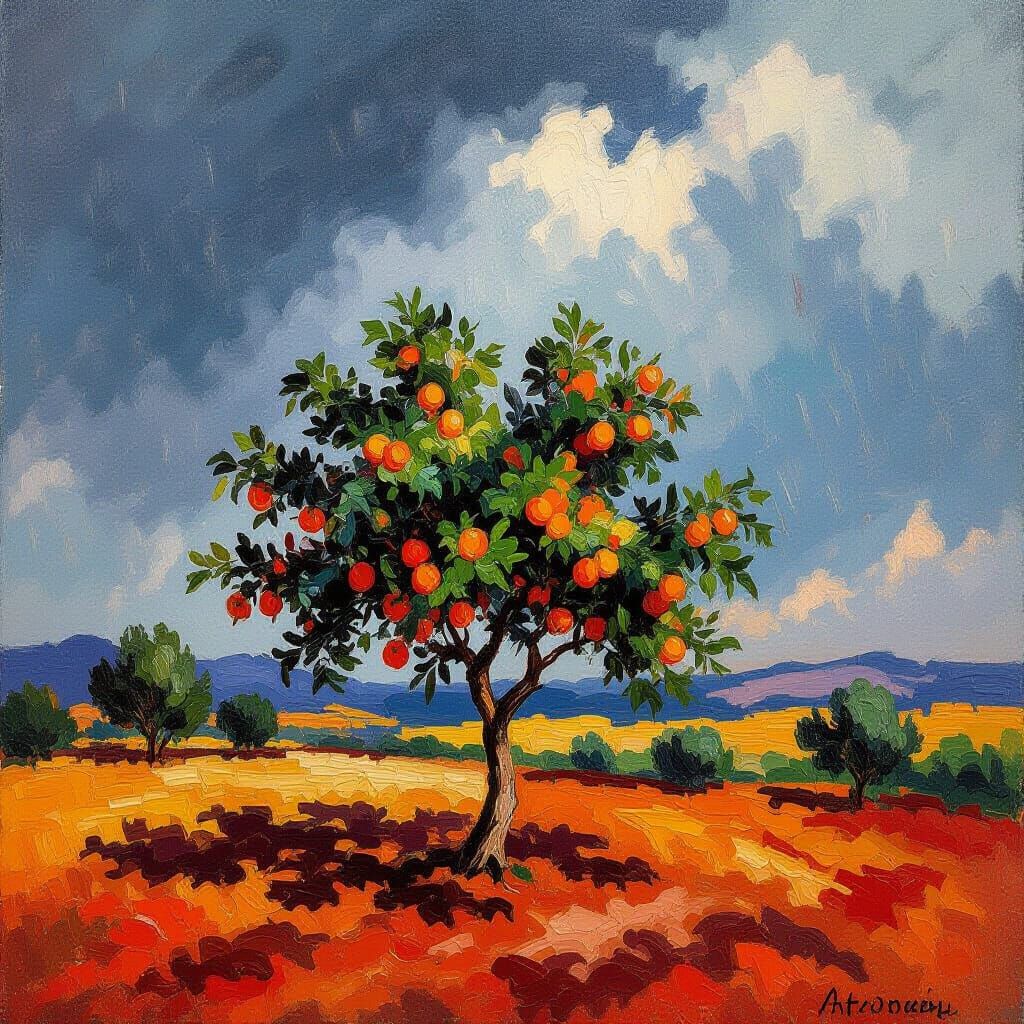Vibrant Orange Tree in Stormy Desert Landscape
