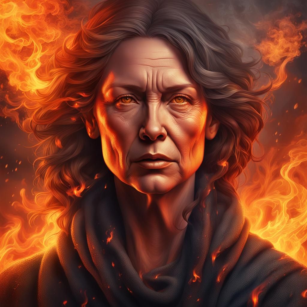 Fierce Mother Amidst Fire and Smoke: Digital Art
