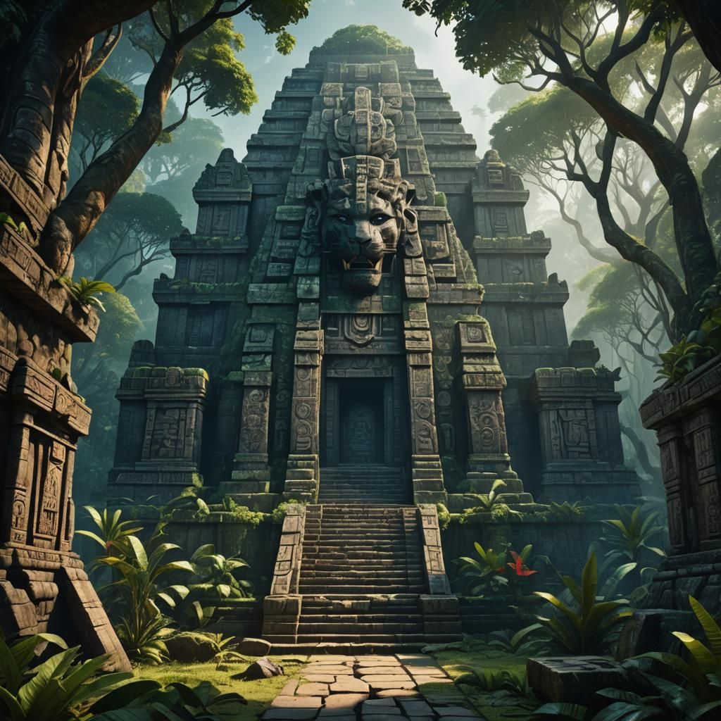 Mayan Temple at Midnight with High Priest