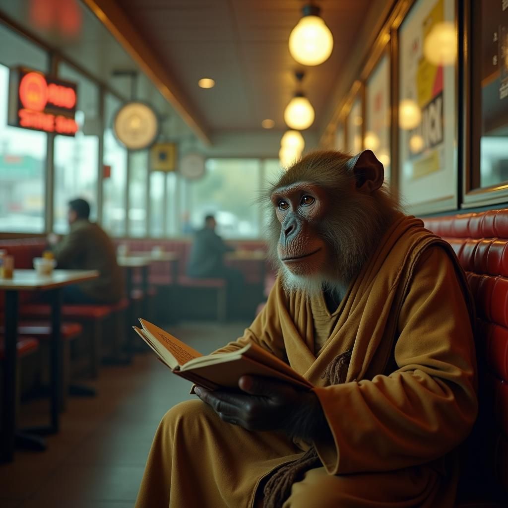 Monkey Contemplating Arabic Text in McDonald's, Cinematic St...