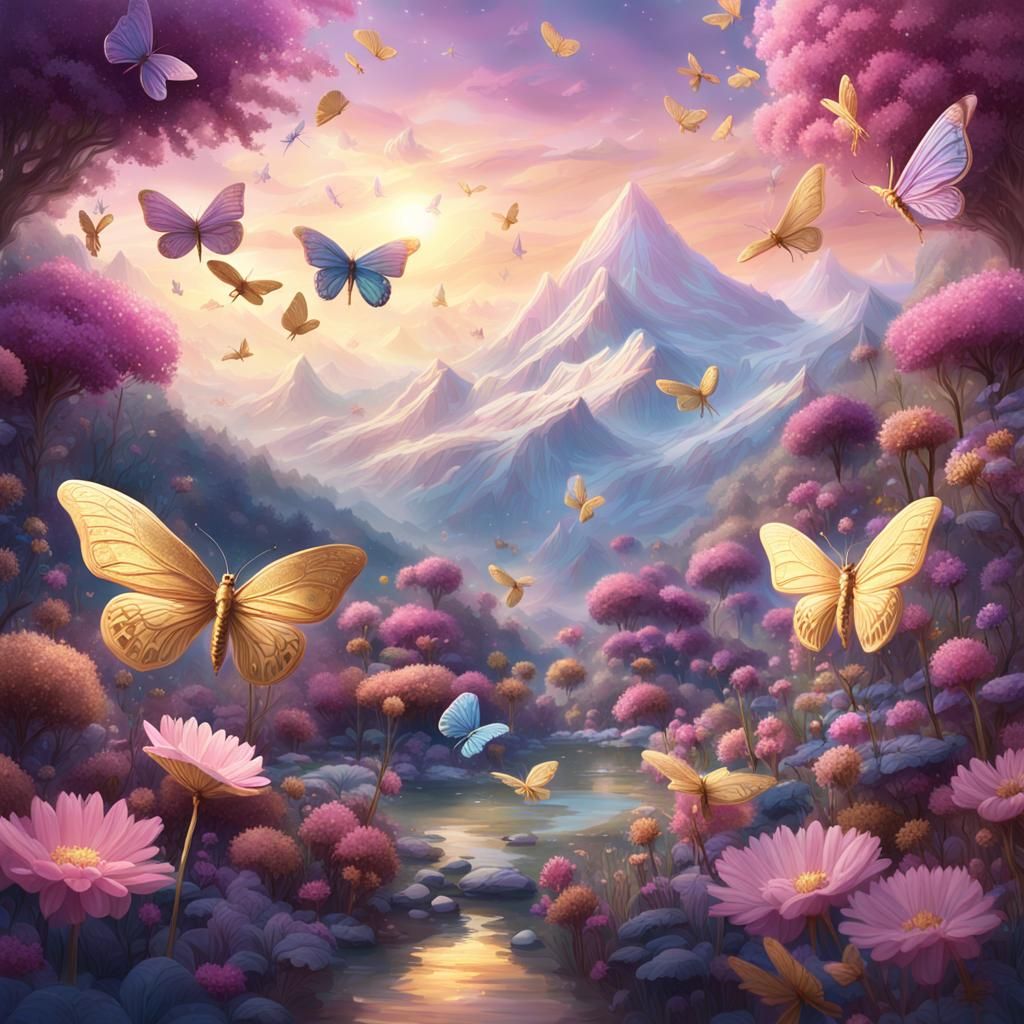 Whimsical Garden with Golden Butterflies in Dreamy Style