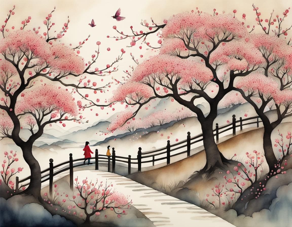 Whimsical Plum Blossom Illustration in Watercolor Style