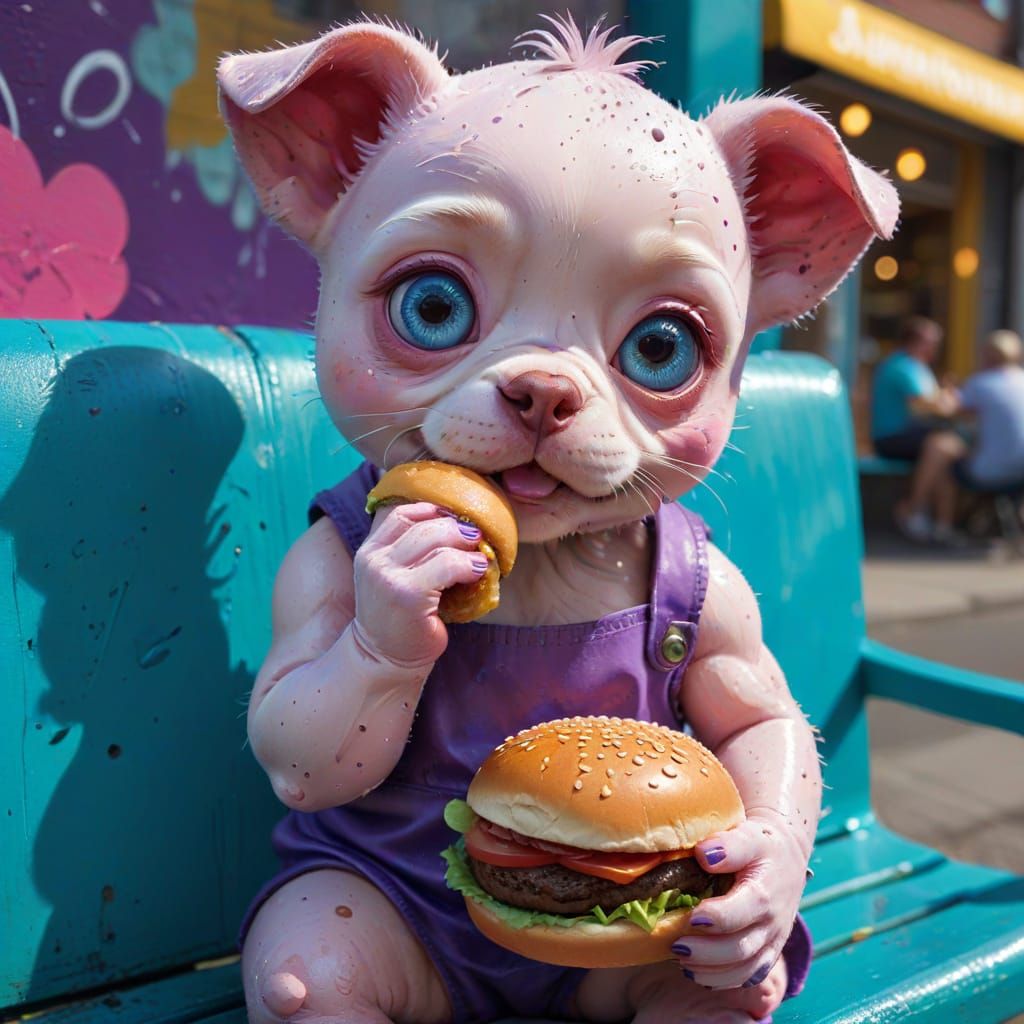 Kewpie Style Purple Puppy Eats Hamburger on Teal Bench