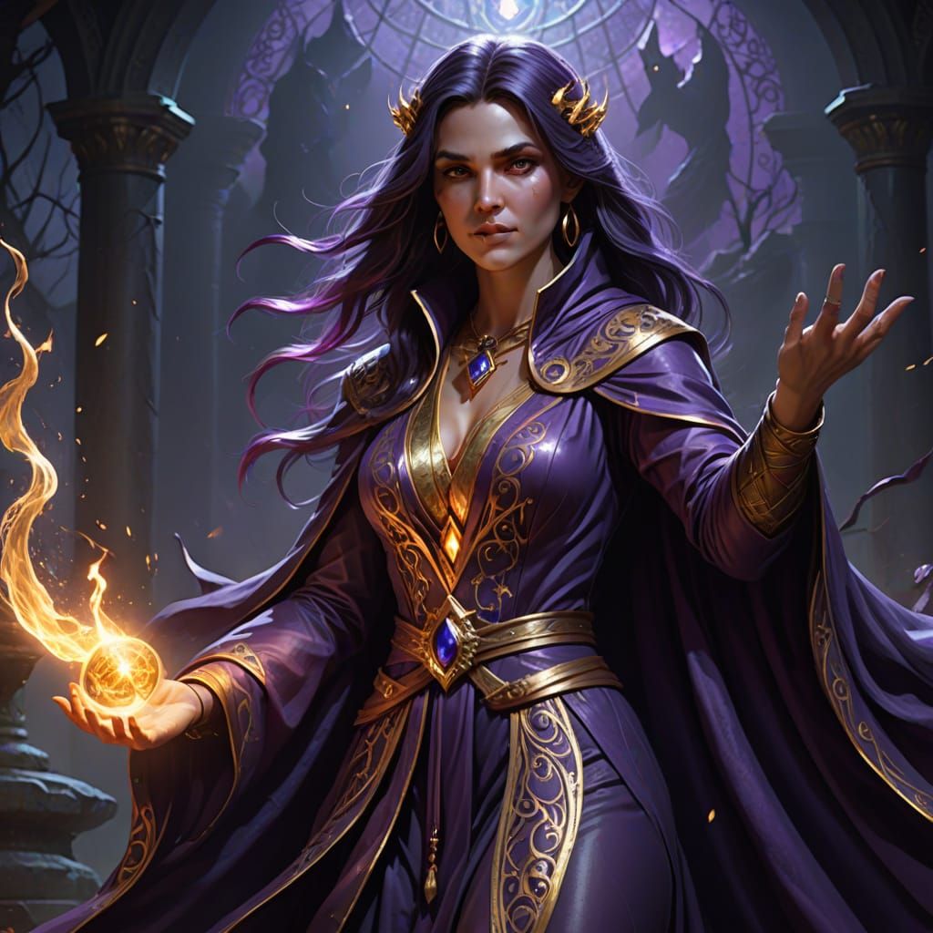 Female Sorceress Casting Spell in Deep Purple and Gold