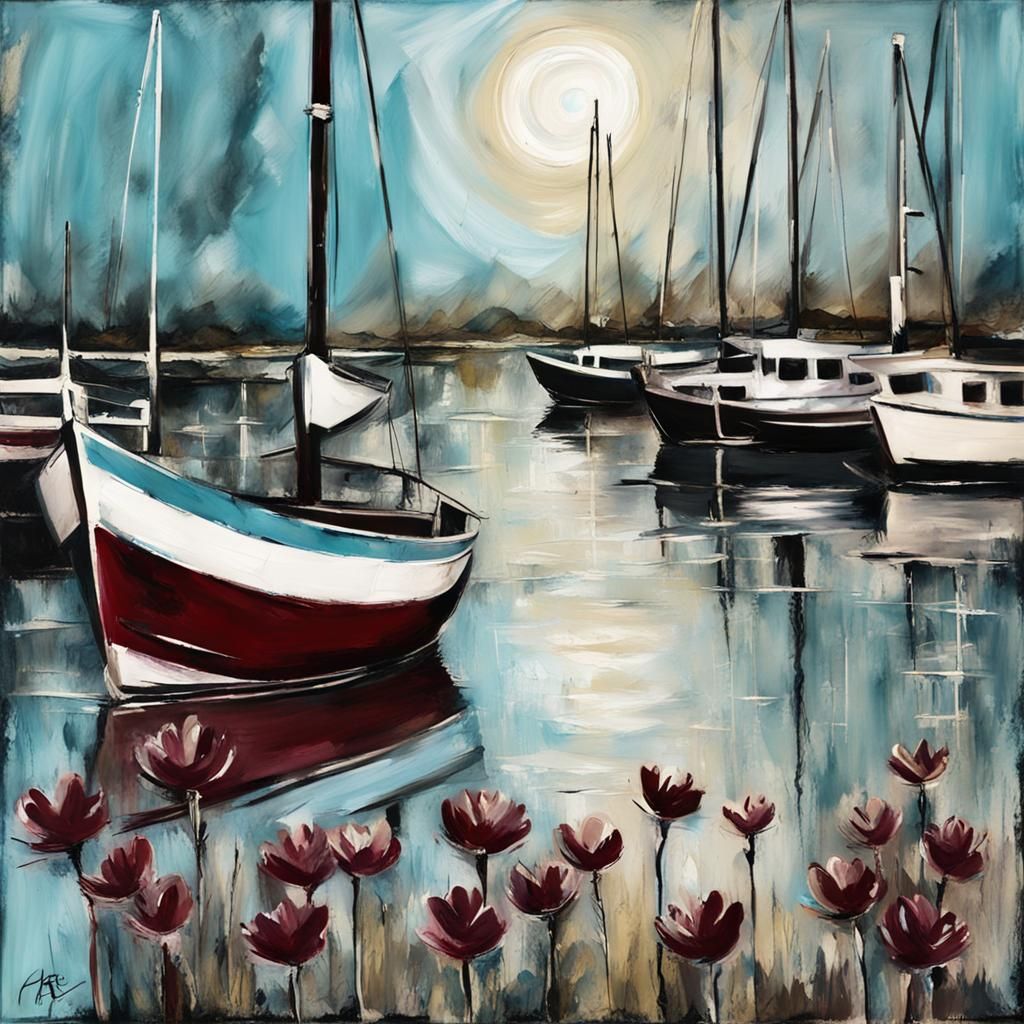 Night Marina Scene with Sailboats in Mixed Media
