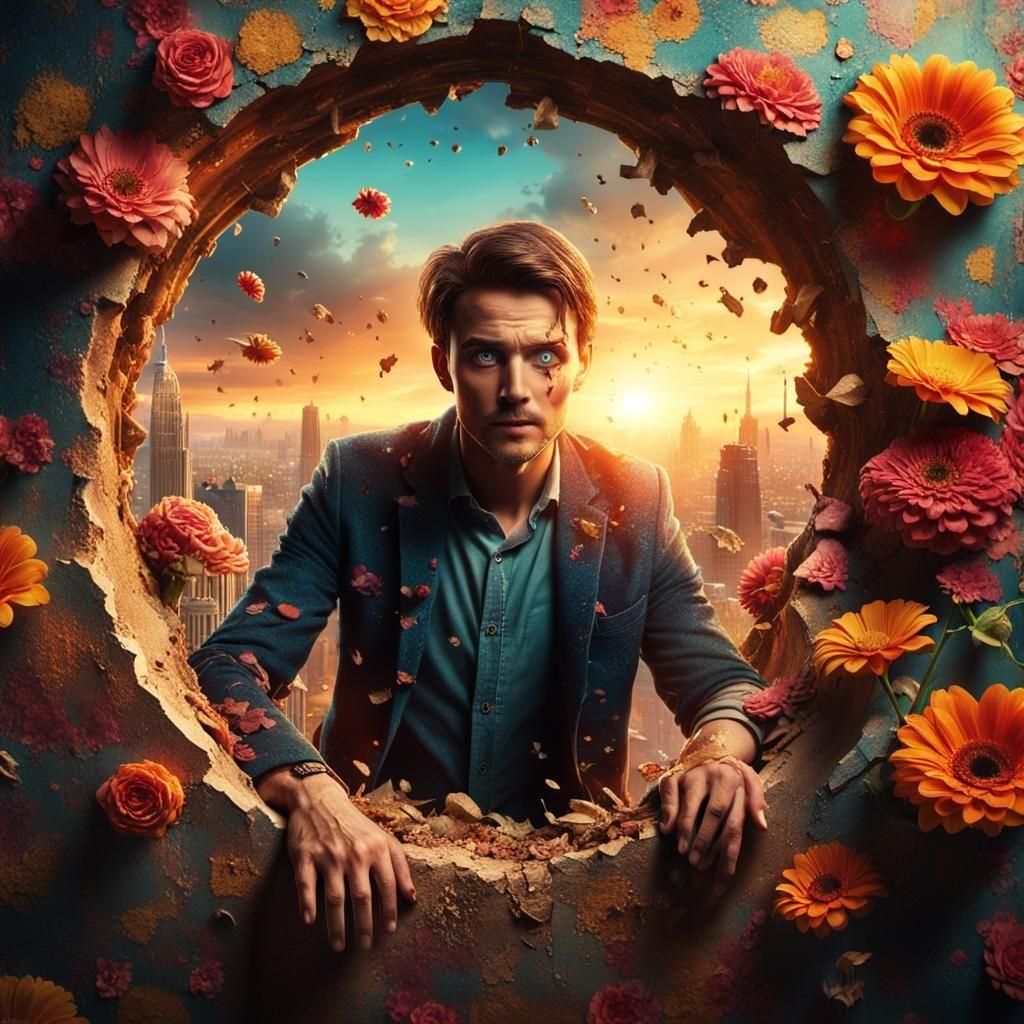 Creepy Man with Big Eyes Peering Through Wall