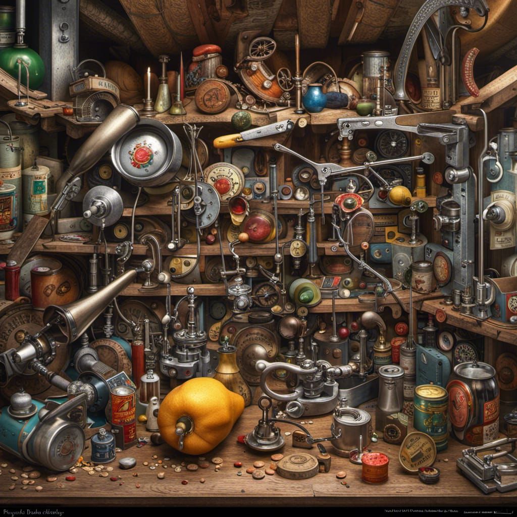 Elaborate Rube Goldberg Can Opener in Hyperrealism