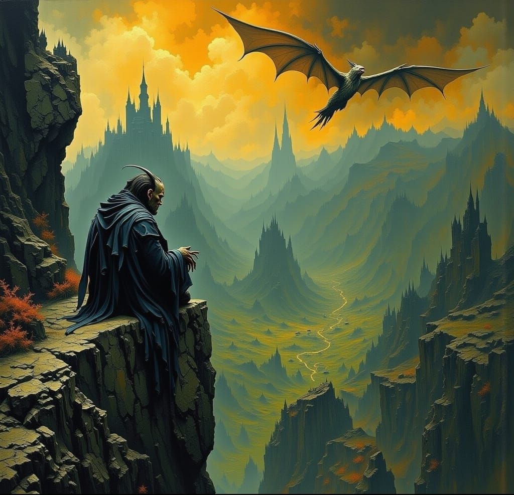 Lonely Demon Contemplates Village From Cliffside