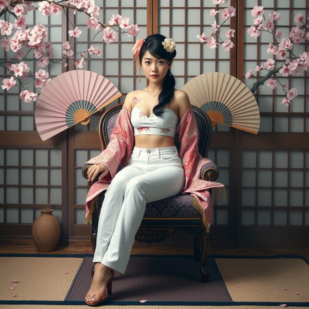 Geisha in Modern Attire Amidst Cherry Blossoms