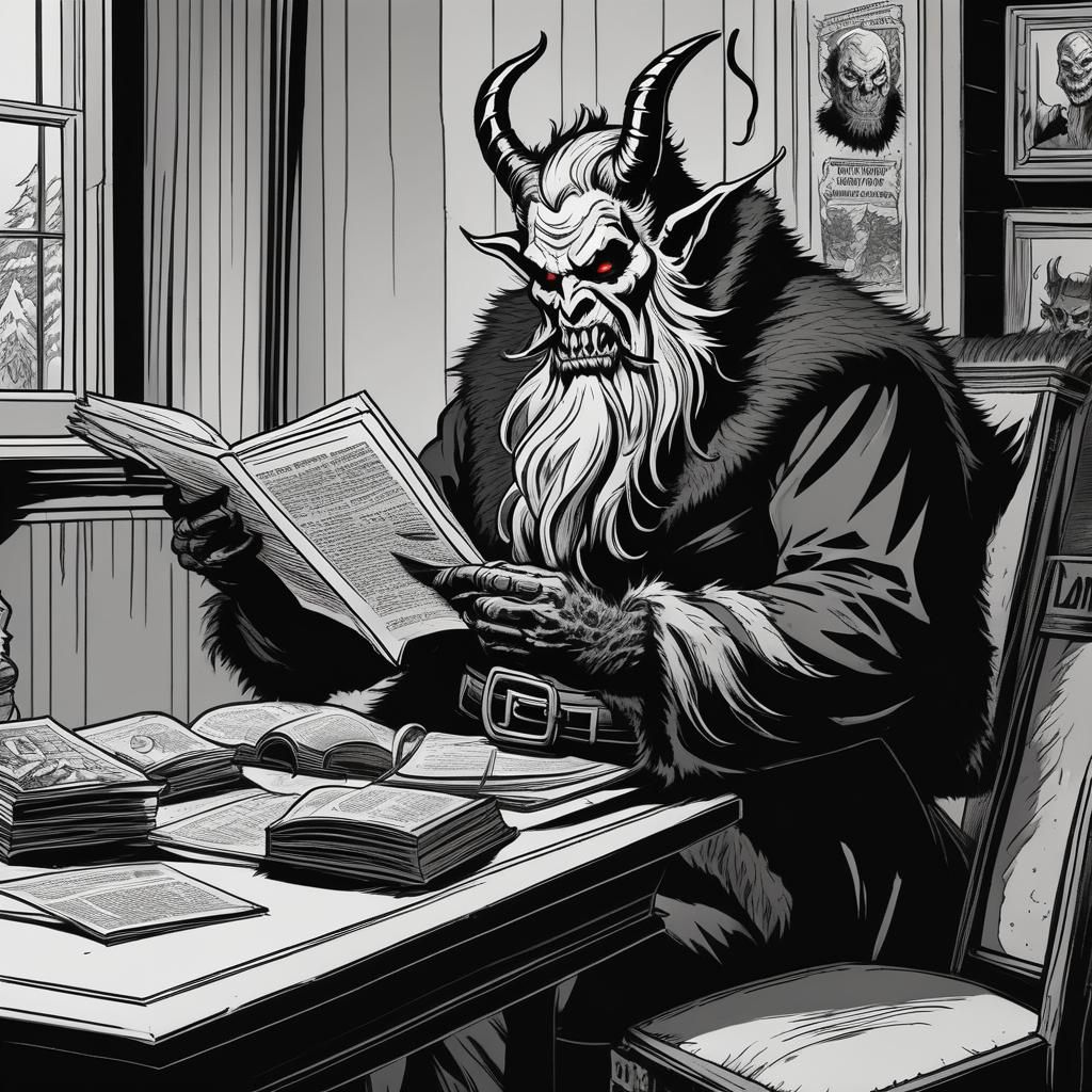 Krampus Reading Naughty List in Macabre Comic Style