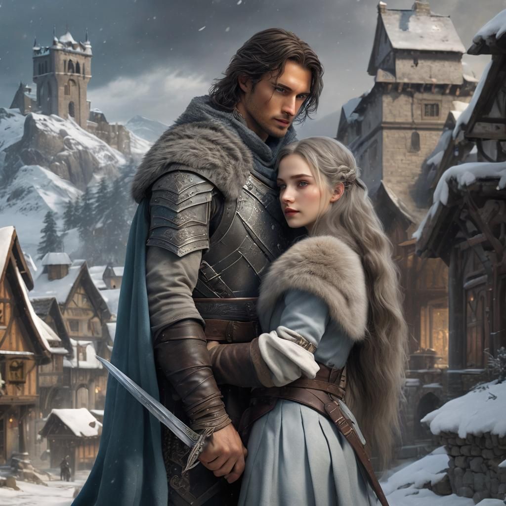 Medieval Embrace in Snowy Village: Cinematic Film Still
