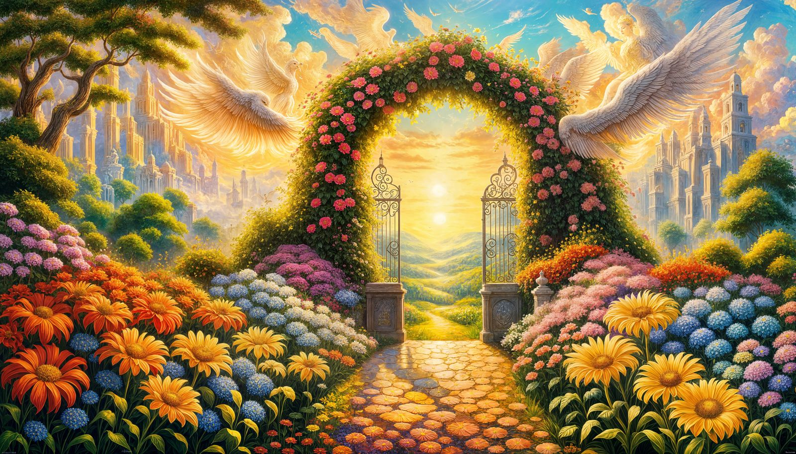 Majestic Gateway with Celestial Wings in Oil Painting