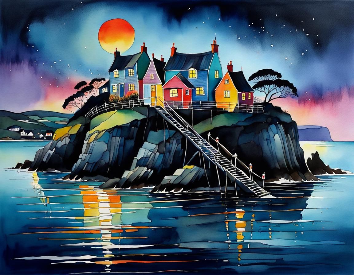 Whimsical Twilight Seascape in Watercolour Style