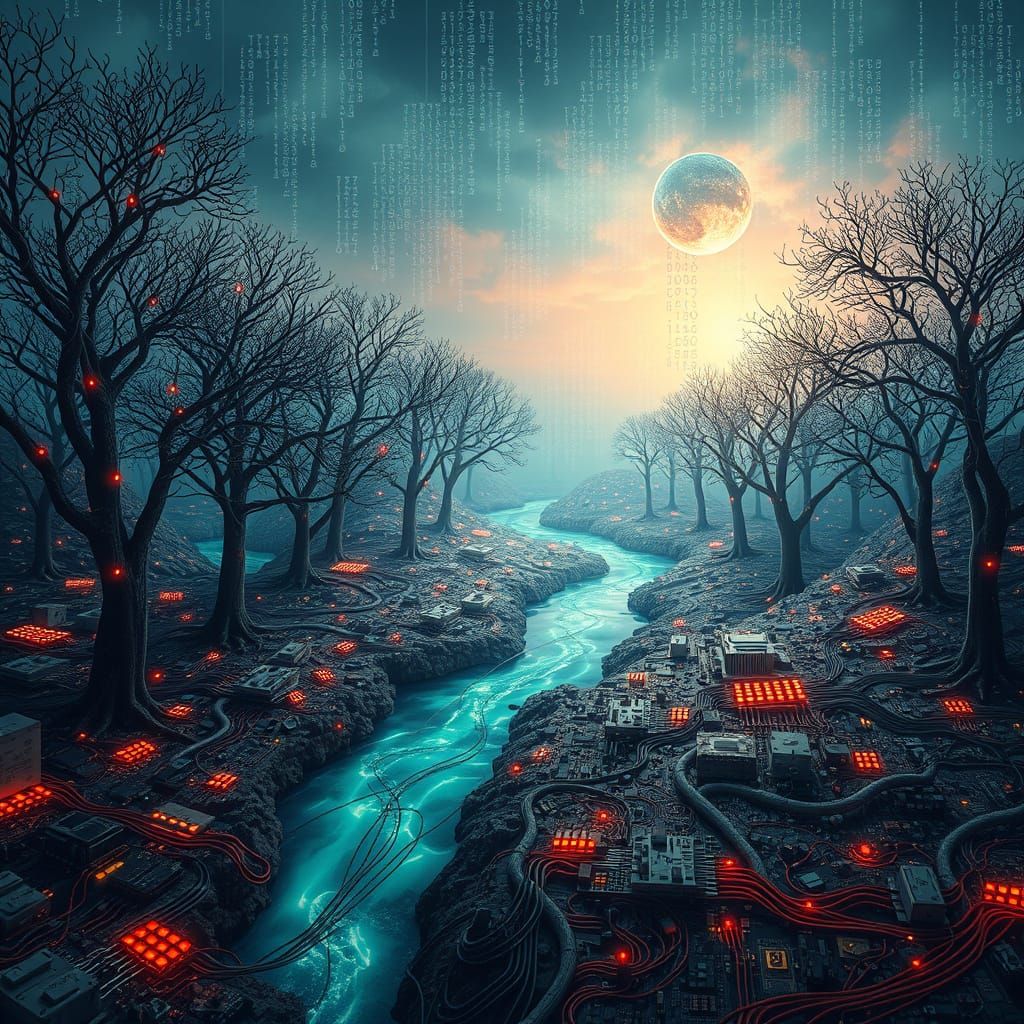 Surreal Circuit Board Landscape with Data River