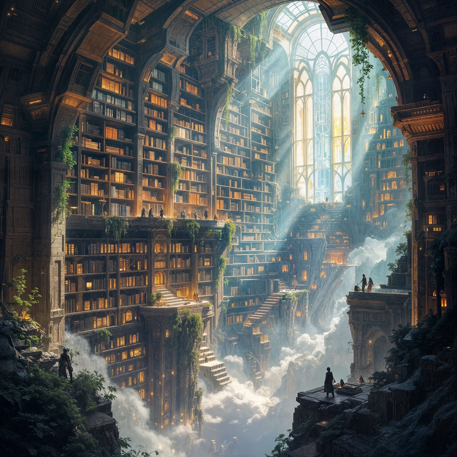 Ancient Floating Island Library with Glowing Books