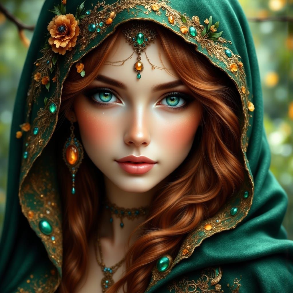 Fantasy Portrait of a Woman in Emerald Hood