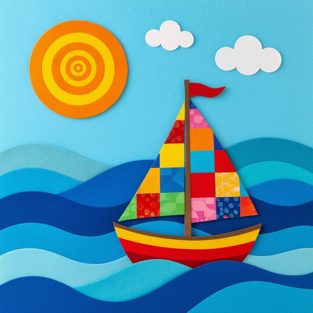 Felt Seaside Scene with Patchwork Boat in Folk Art Style