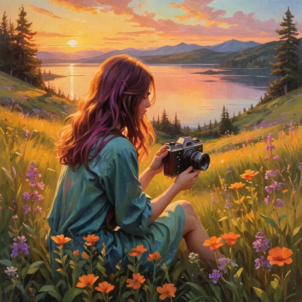 Girl with Camera: Impressionist Oil Painting