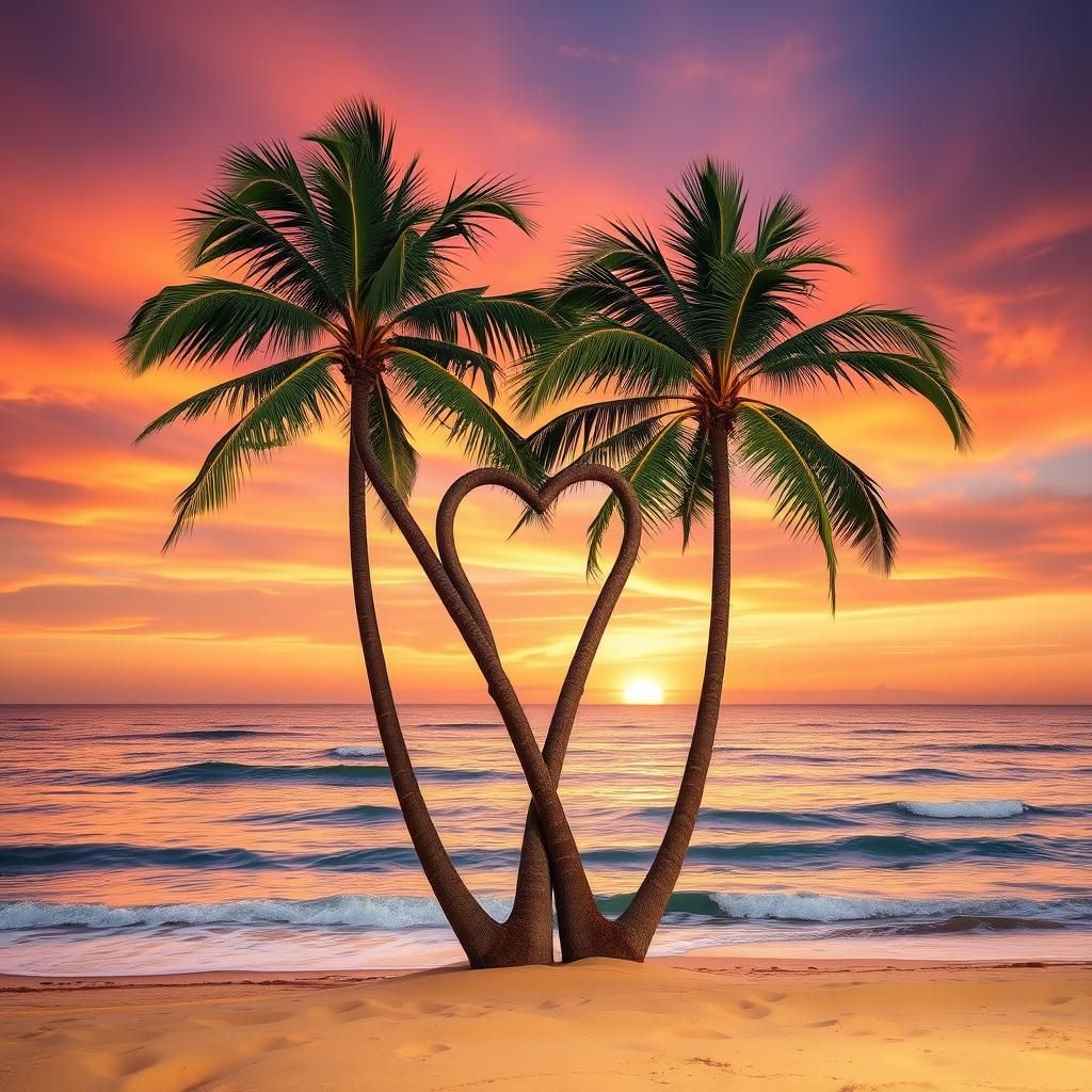 Heart-Shaped Palm Trees at Sunset Beach