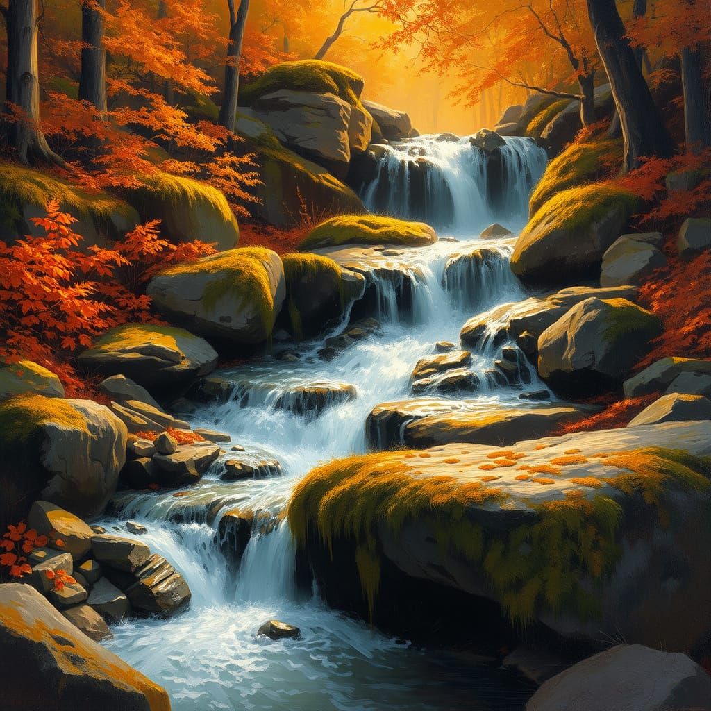 Ethereal Autumn Waterfall in Textured Oil Painting Style