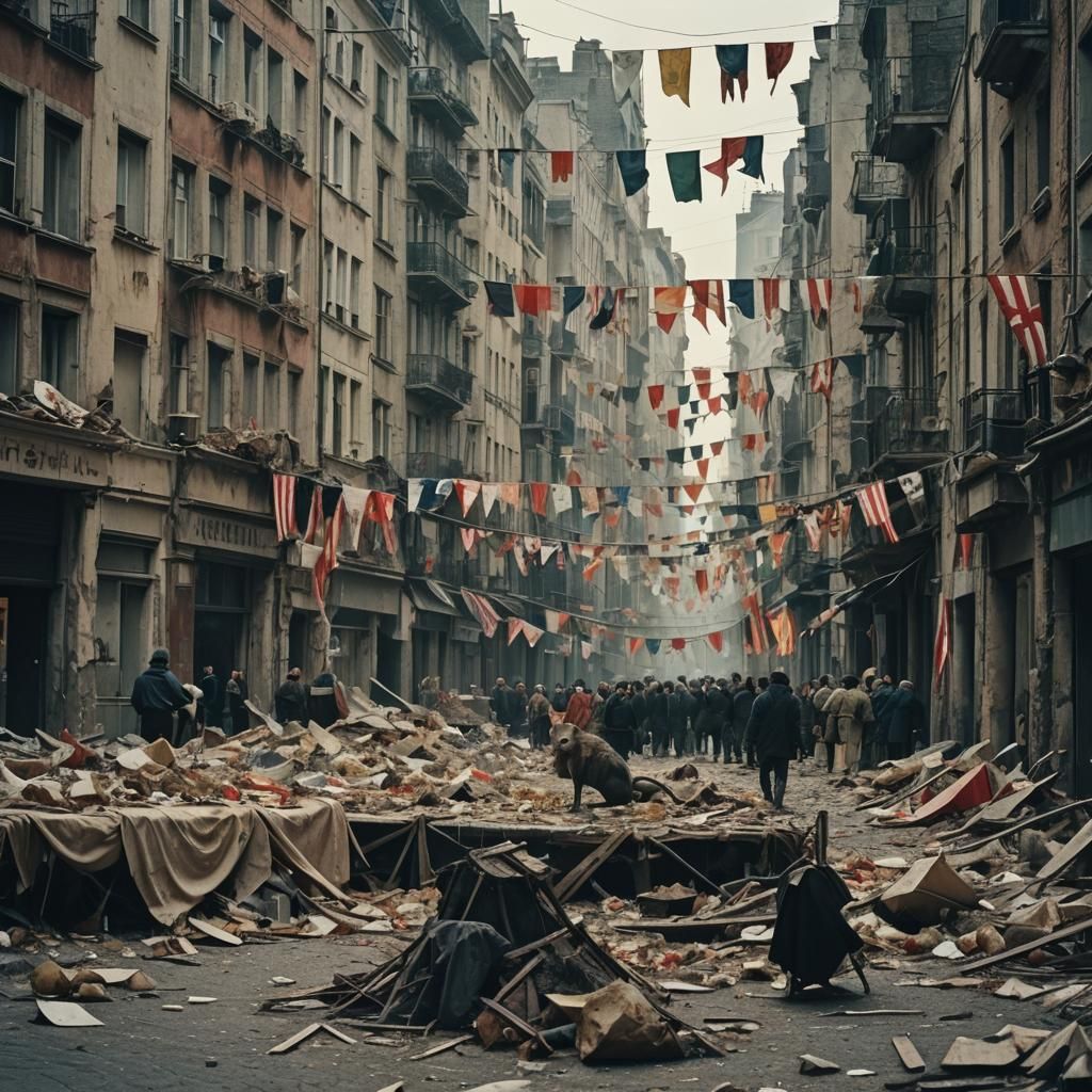 Decaying Cityscape with Flags and Skeleton