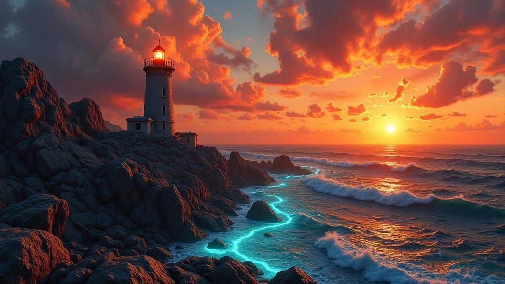 Lighthouse on Craggy Shore During Fiery Sunset in 3D Style