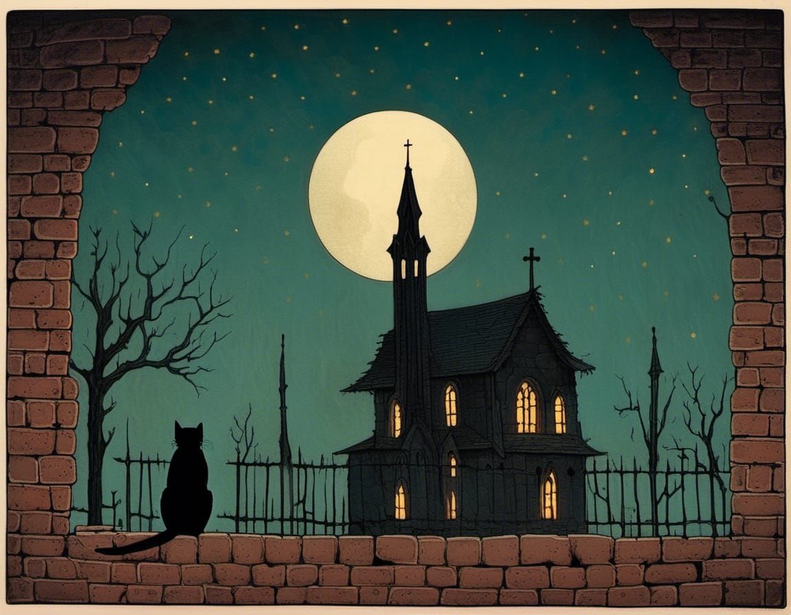 Cat Strolling on Brick Wall in Macabre Style