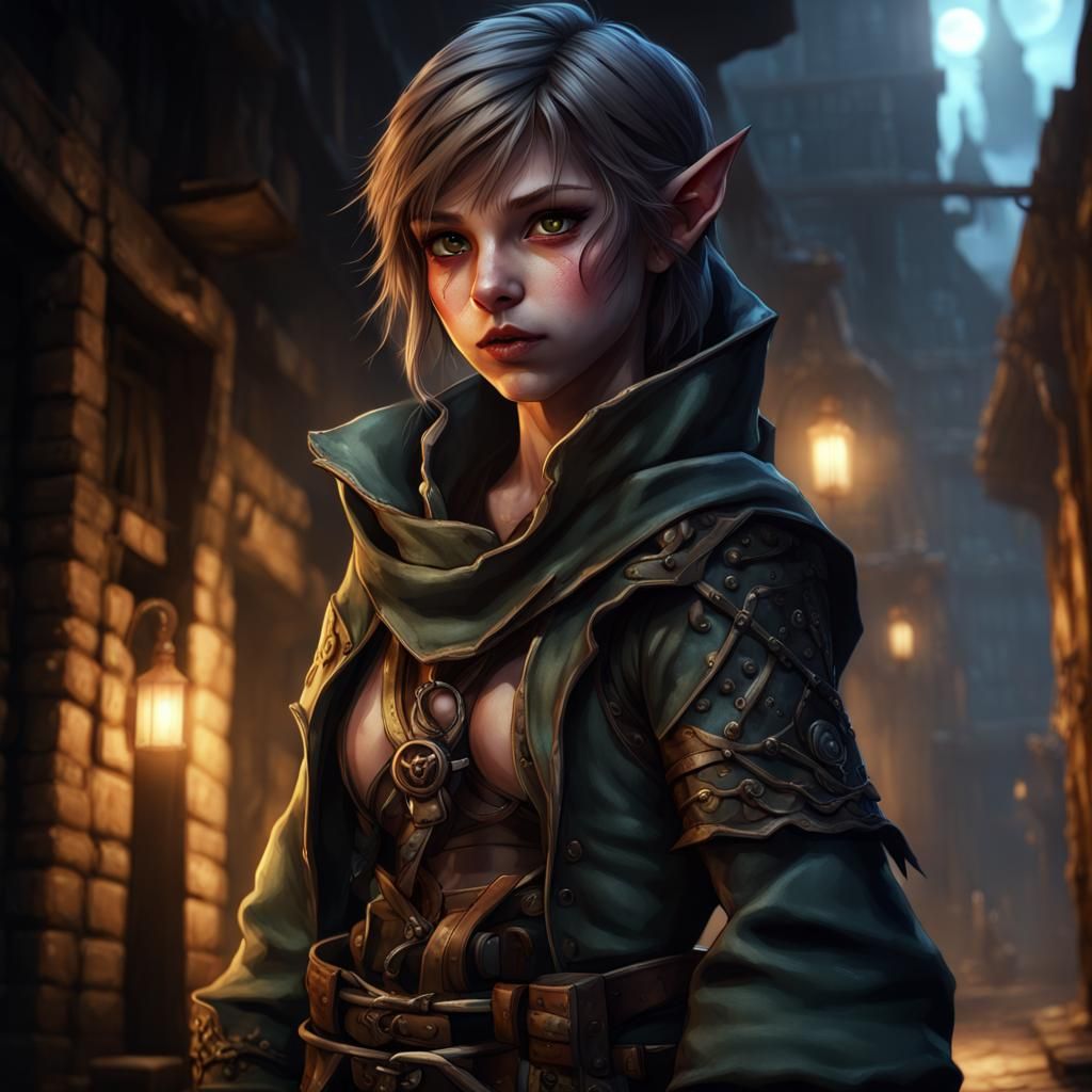 Halfling Rogue in Moonlit Alley: Anime Style