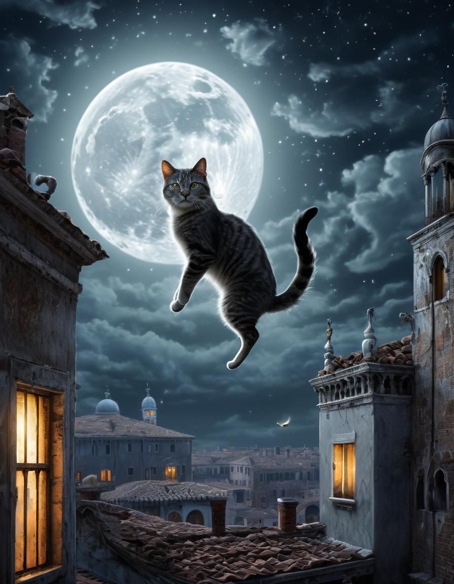 Silver Cat Leaps to Moon in Venice Fantasy