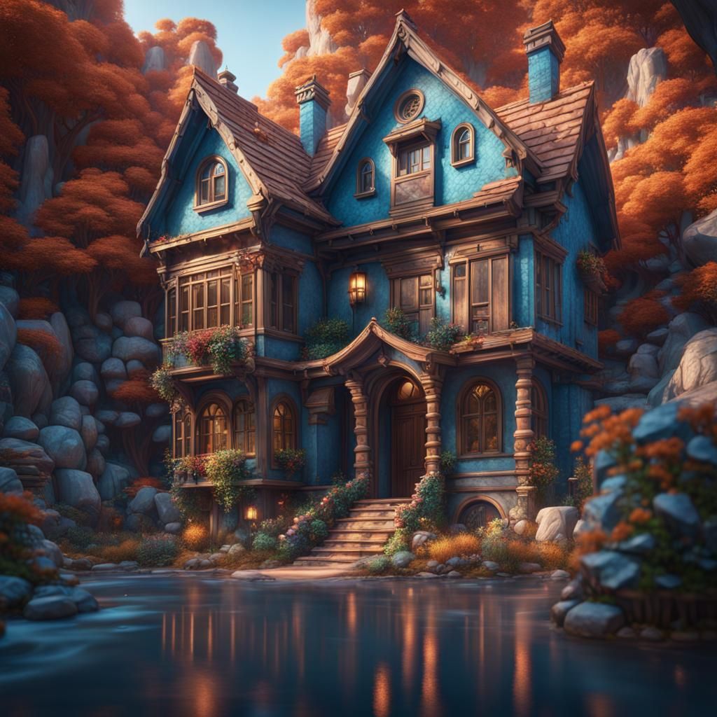 Beautiful Blue 3D House: Fantasy Concept Art