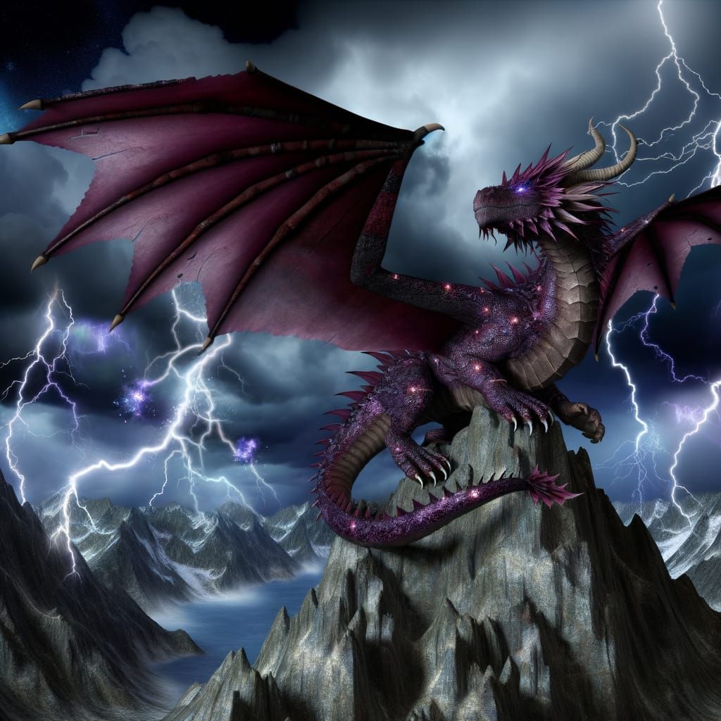 Majestic Dragon Perched on Stormy Mountain Peak