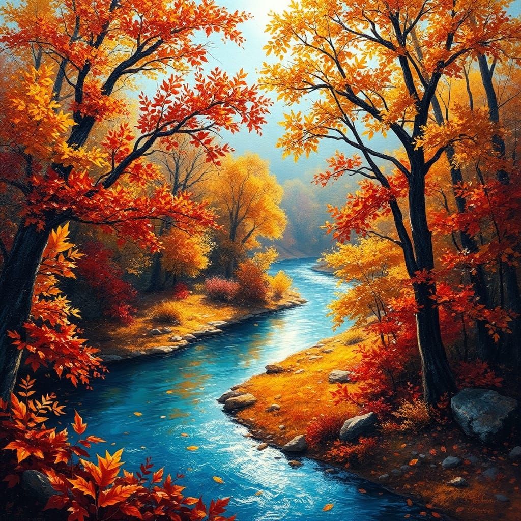 Vibrant Autumn River Landscape in Impasto Style