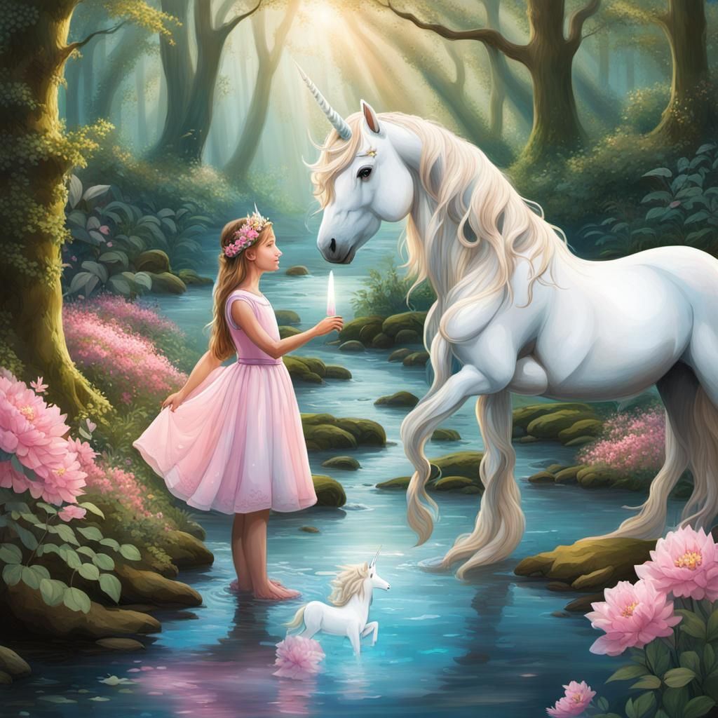 Enchanting Forest Scene with Girl and Unicorns
