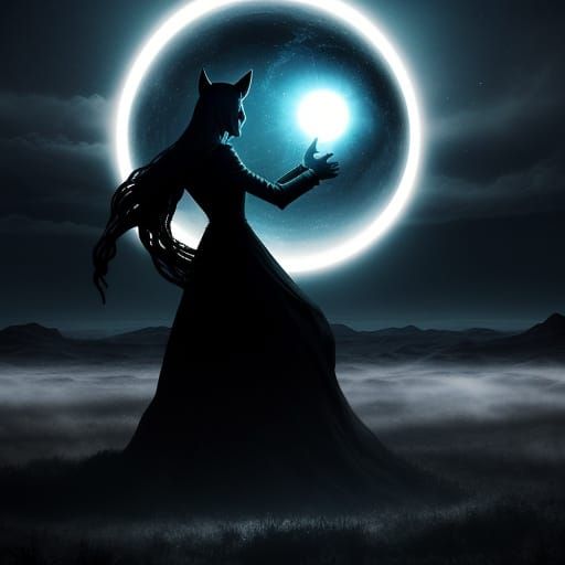 Mystical Figure Grasping Glowing Orb in Surreal Landscape