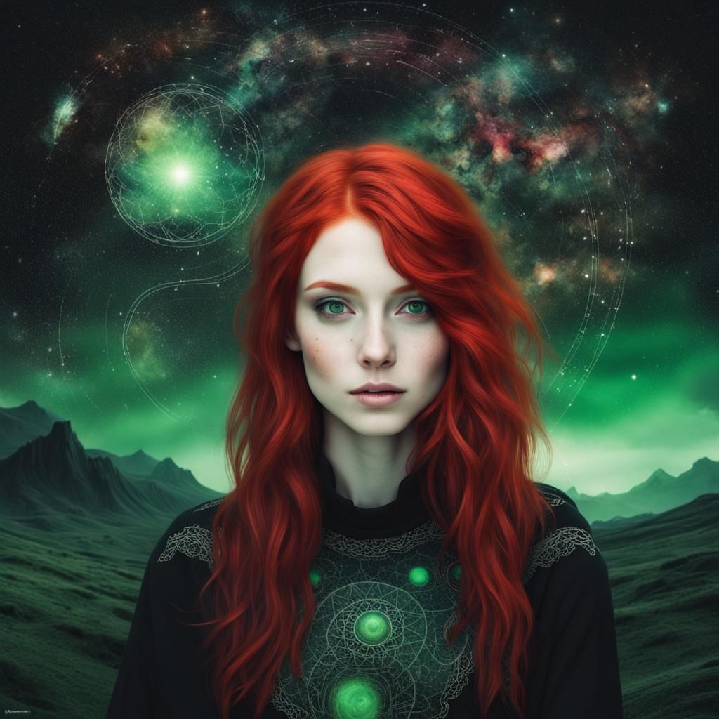 Cosmic Artist Girl Portrait with Red Hair