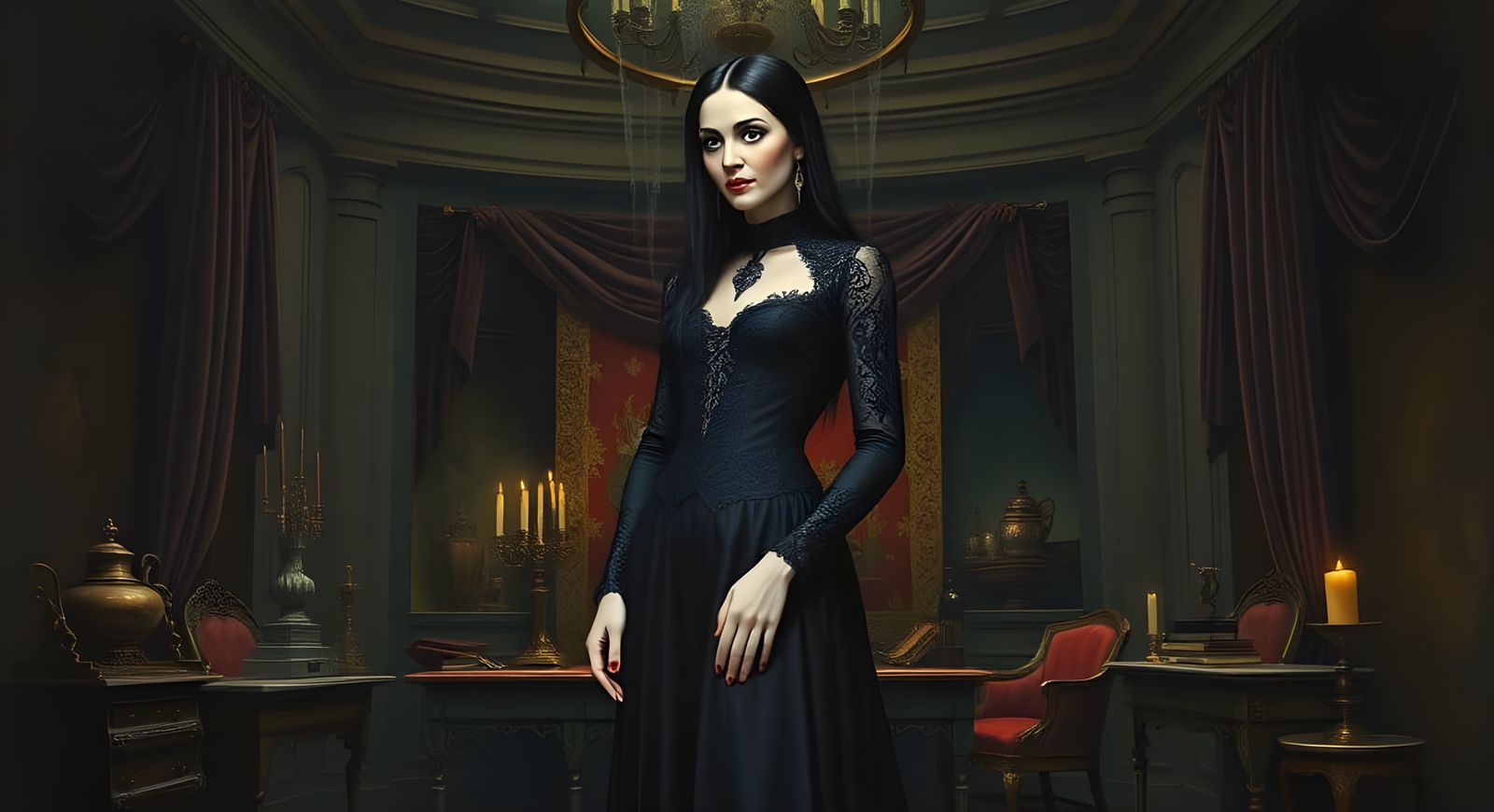 Elegant Morticia Addams in Victorian Chamber