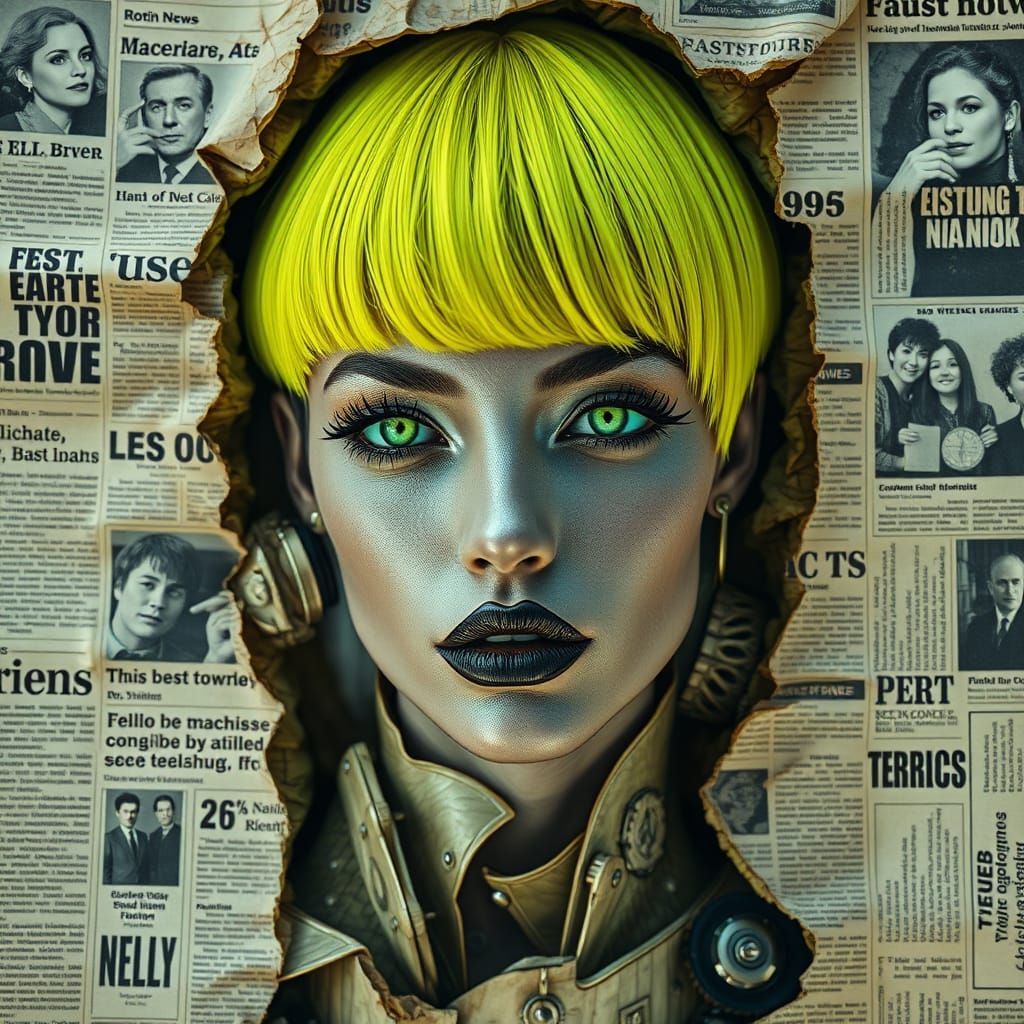 Cyberpunk Goddess Unfolds from Vintage Newspaper