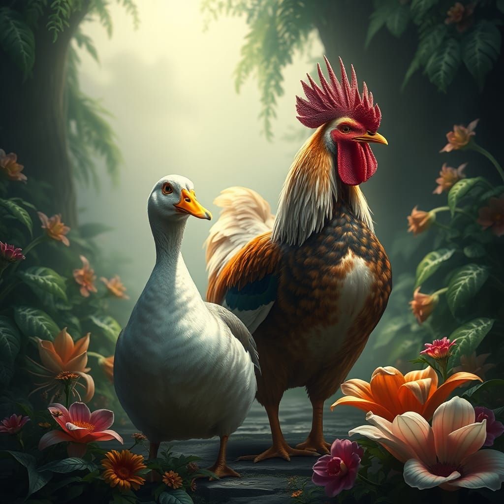 Majestic Duck and Regal Chicken in Fantasy Art