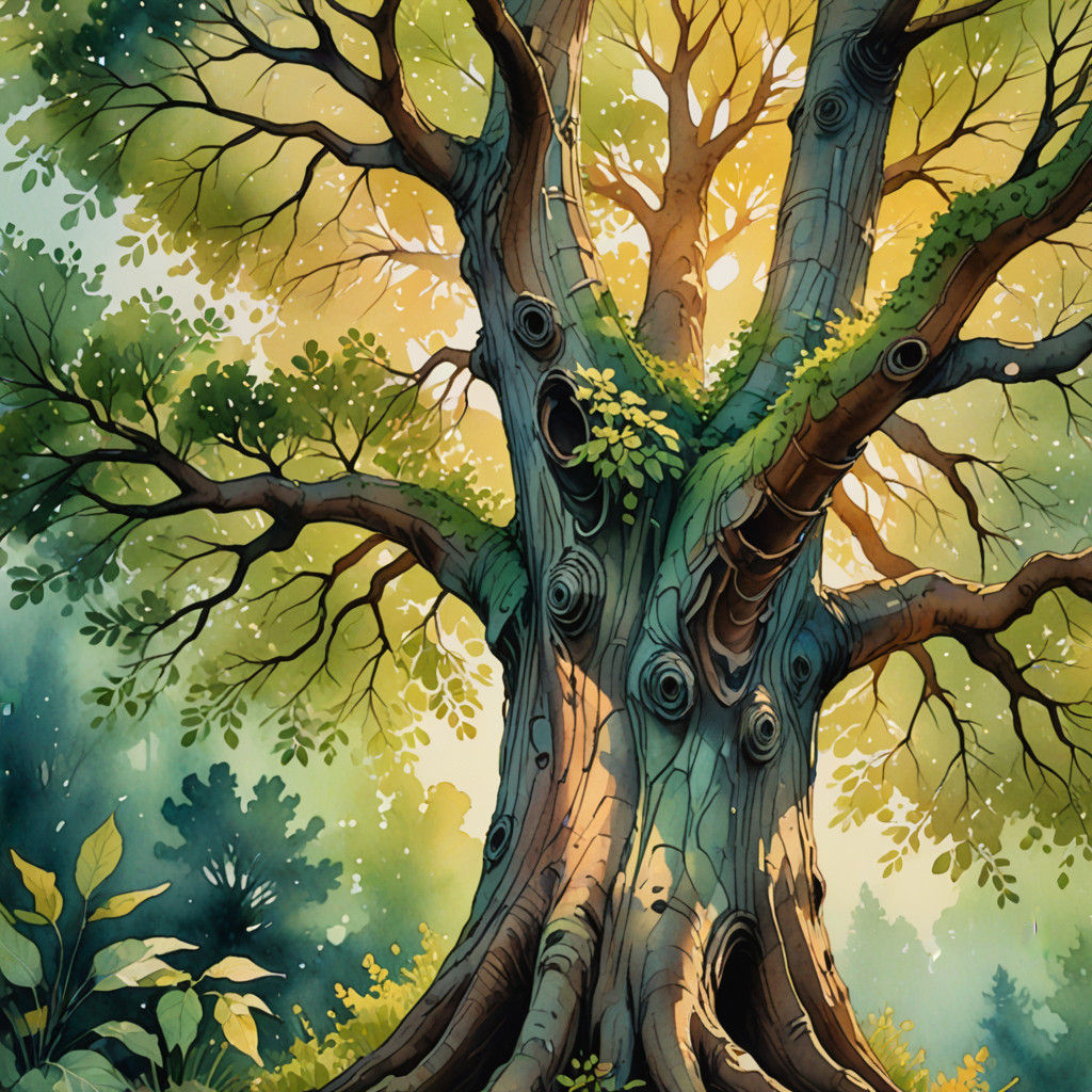 Whimsical Watercolor Tree in Serene Landscape