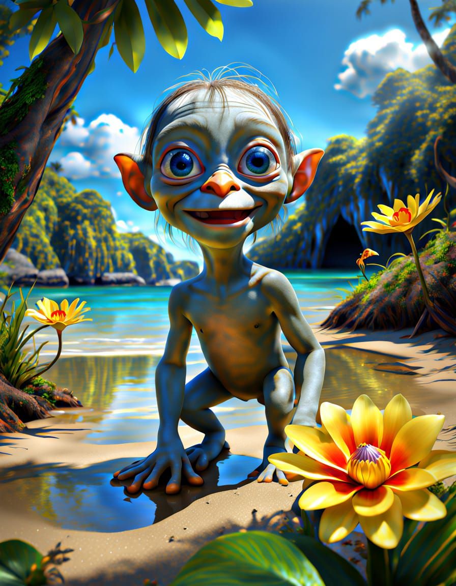 A Happy Gollum Smiles on a Colorful Beach