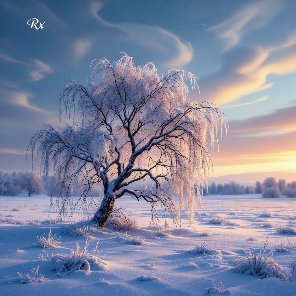 Snowy Willow Tree in Frozen Landscape, Digital Art