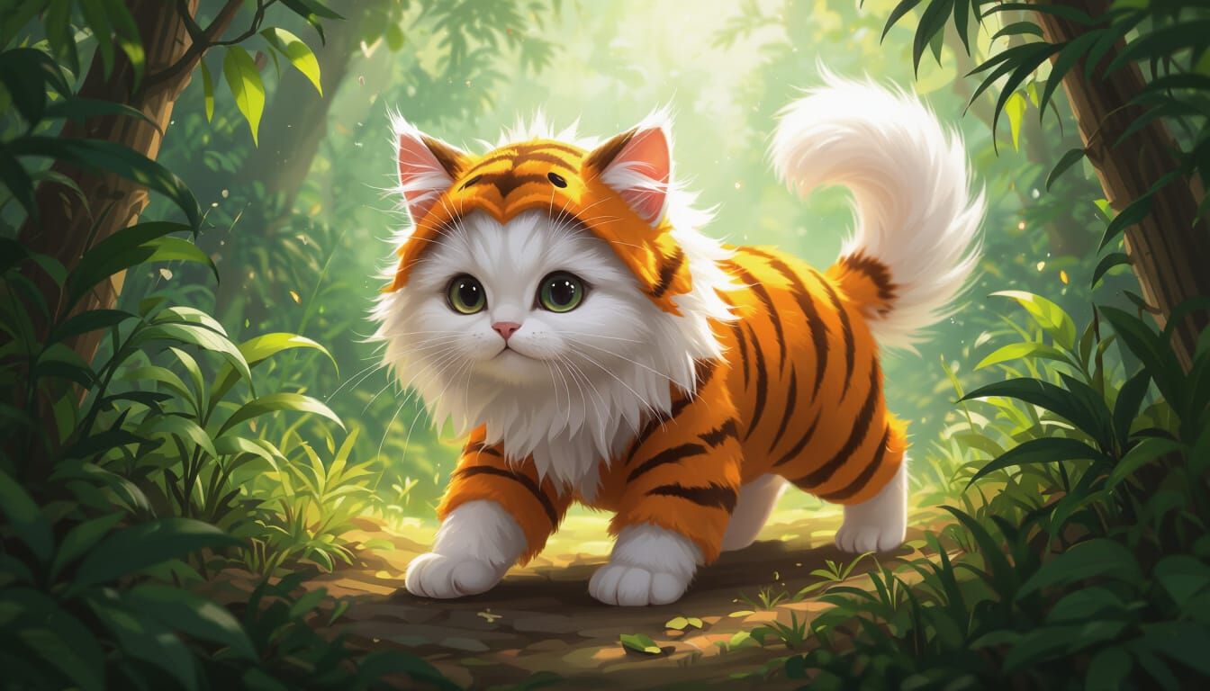 Fluffy Cat Dressed as Tiger in Lush Jungle